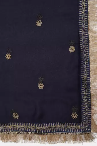 Navy Blue  Embroidered Thread Work Block Print Semi-Stitched Lehenga