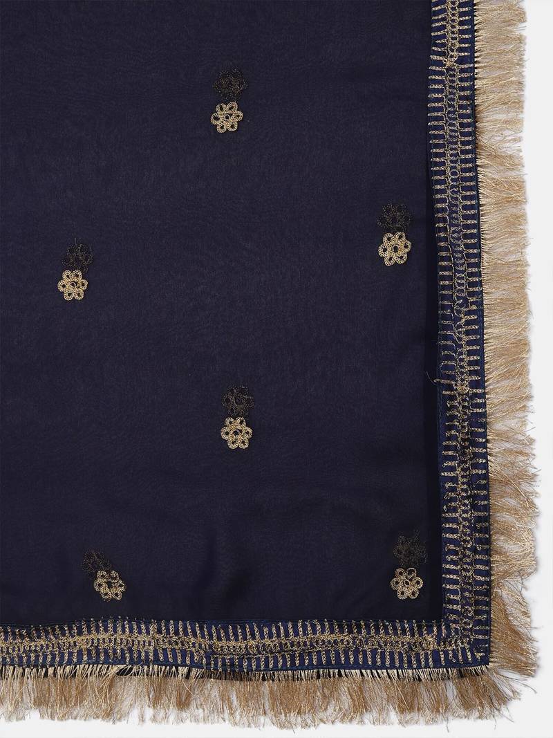 Navy Blue  Embroidered Thread Work Block Print Semi-Stitched Lehenga