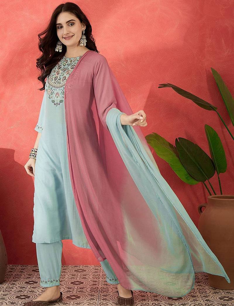 Floral embroidered round neck sequinned straight kurta trousers & dupatta