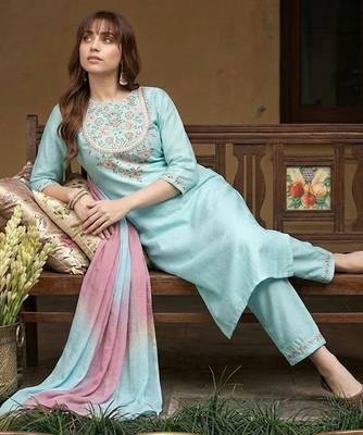 Yoke design poly chiffon round neck kurta & trousers with dupatta 1