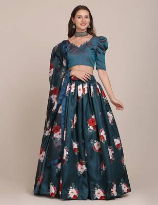 Navy Blue & Red Foil Print Semi-Stitched Lehenga & Unstitched Blouse With Dupatta 1