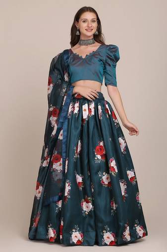 Navy Blue & Red Foil Print Semi-Stitched Lehenga & Unstitched Blouse With Dupatta
