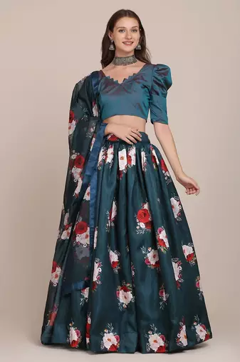 Navy Blue & Red Foil Print Semi-Stitched Lehenga & Unstitched Blouse With Dupatta