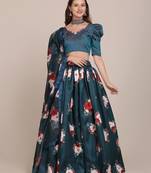 Navy Blue & Red Foil Print Semi-Stitched Lehenga & Unstitched Blouse With Dupatta