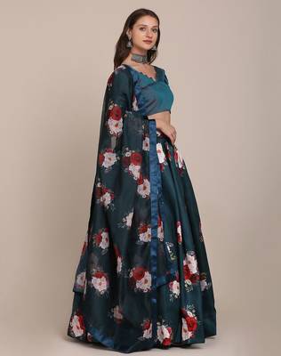Navy Blue & Red Foil Print Semi-Stitched Lehenga & Unstitched Blouse With Dupatta 3