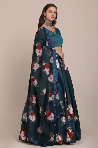 Navy Blue & Red Foil Print Semi-Stitched Lehenga & Unstitched Blouse With Dupatta