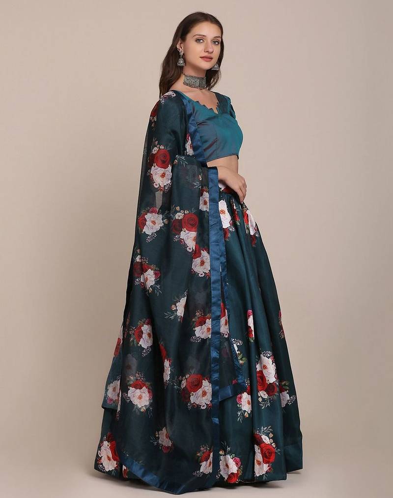 Navy Blue & Red Foil Print Semi-Stitched Lehenga & Unstitched Blouse With Dupatta