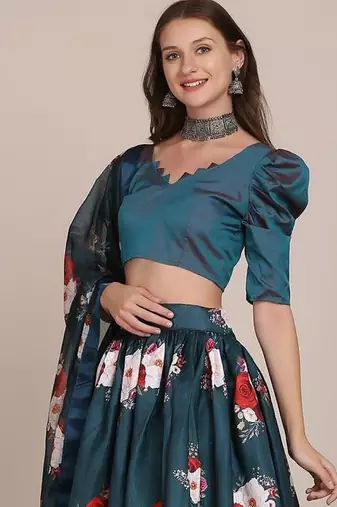 Navy Blue & Red Foil Print Semi-Stitched Lehenga & Unstitched Blouse With Dupatta
