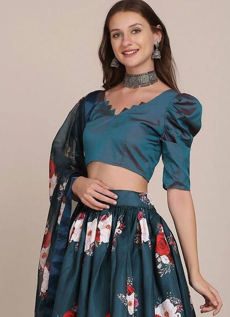 Navy Blue & Red Foil Print Semi-Stitched Lehenga & Unstitched Blouse With Dupatta