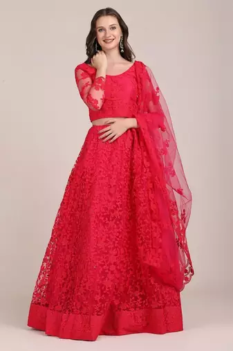 Pink Embroidered Semi-Stitched Lehenga & Unstitched Blouse With Dupatta