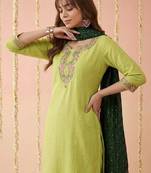 Yoke design silk blend round neck kurta & trousers with dupatta