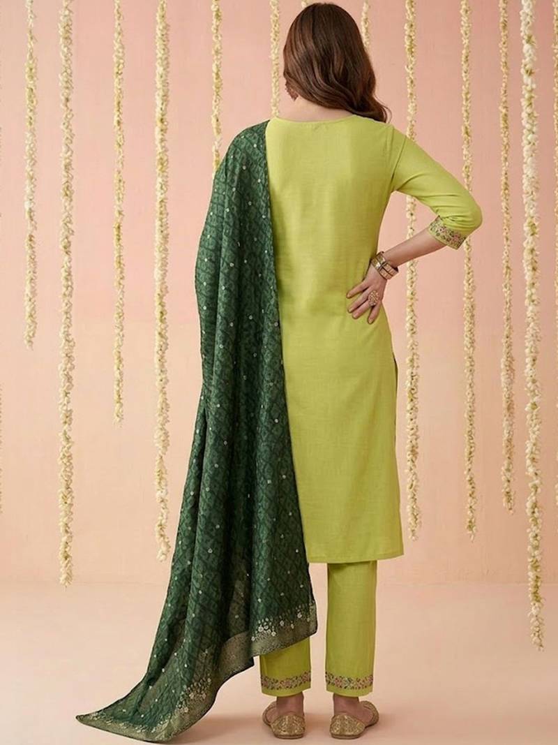 Yoke design silk blend round neck kurta & trousers with dupatta