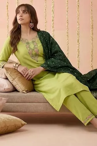 Yoke design silk blend round neck kurta & trousers with dupatta