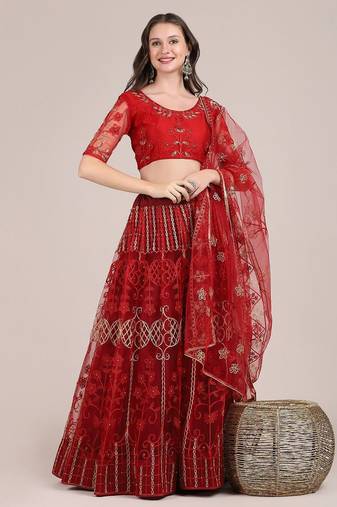 Maroon & Gold-Toned Embroidered Semi-Stitched Lehenga & Unstitched Blouse With Dupatta