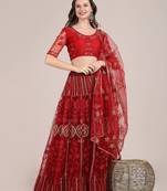 Maroon & Gold-Toned Embroidered Semi-Stitched Lehenga & Unstitched Blouse With Dupatta