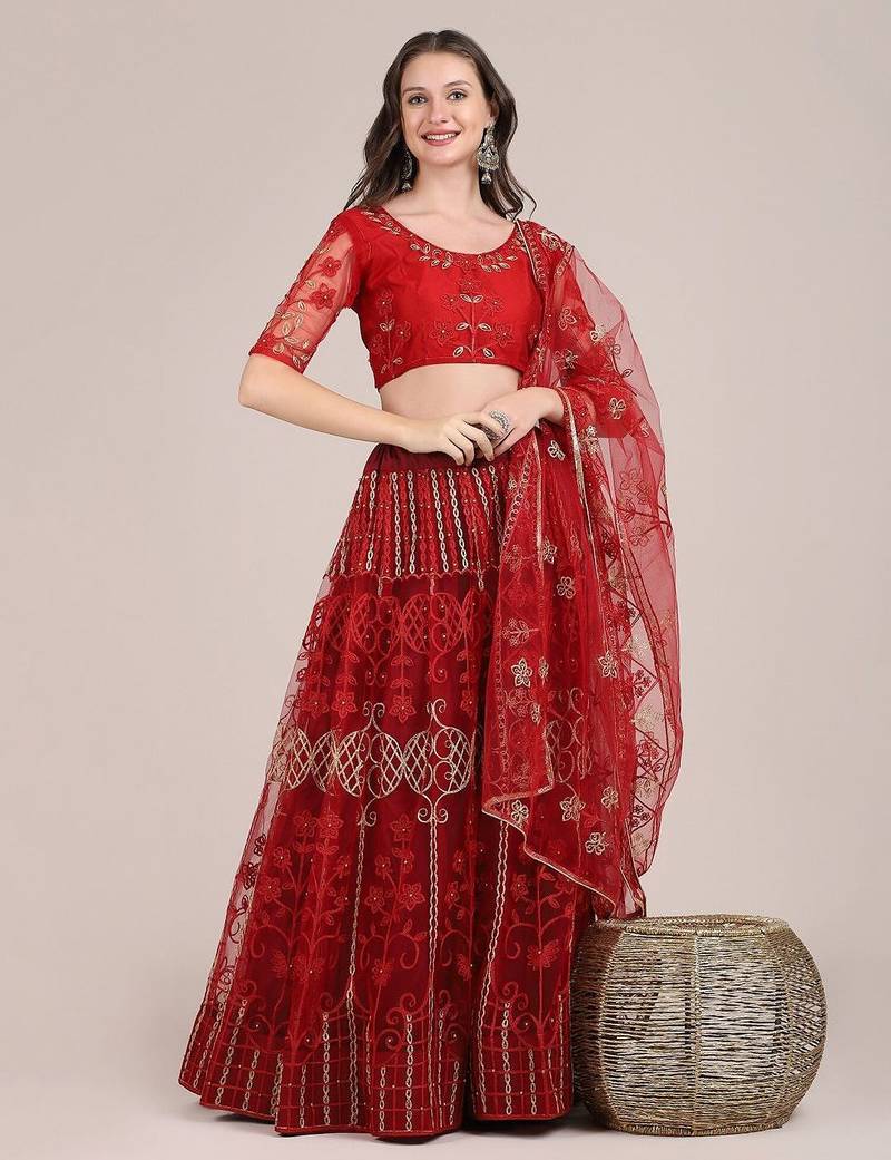 Maroon & Gold-Toned Embroidered Semi-Stitched Lehenga & Unstitched Blouse With Dupatta