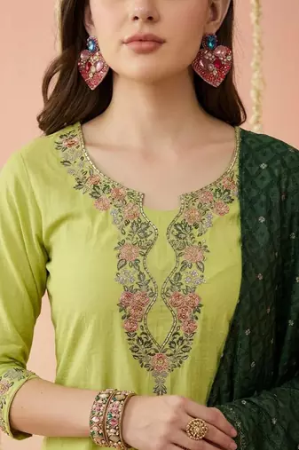 Yoke design silk blend round neck kurta & trousers with dupatta