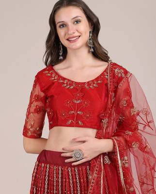 Maroon & Gold-Toned Embroidered Semi-Stitched Lehenga & Unstitched Blouse With Dupatta 2