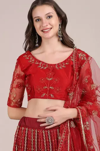 Maroon & Gold-Toned Embroidered Semi-Stitched Lehenga & Unstitched Blouse With Dupatta