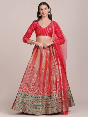 Red & Green Printed Semi-Stitched Lehenga & Unstitched Blouse With Dupatta 1