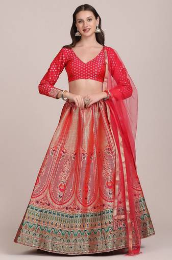 Red & Green Printed Semi-Stitched Lehenga & Unstitched Blouse With Dupatta