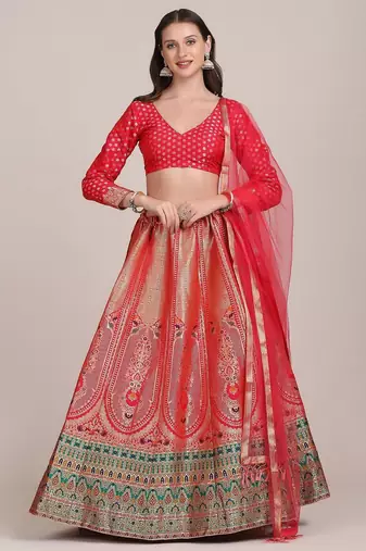 Red & Green Printed Semi-Stitched Lehenga & Unstitched Blouse With Dupatta