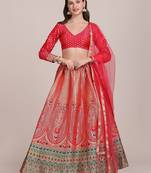 Red & Green Printed Semi-Stitched Lehenga & Unstitched Blouse With Dupatta