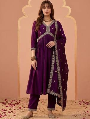 Embroidered v-neck alia cut kurta & trousers with dupatta 1