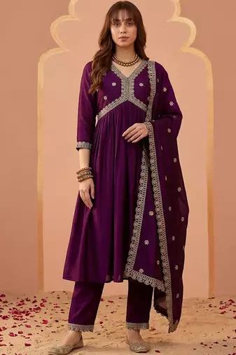 Embroidered v-neck alia cut kurta & trousers with dupatta