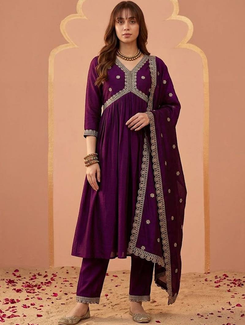 Embroidered v-neck alia cut kurta & trousers with dupatta