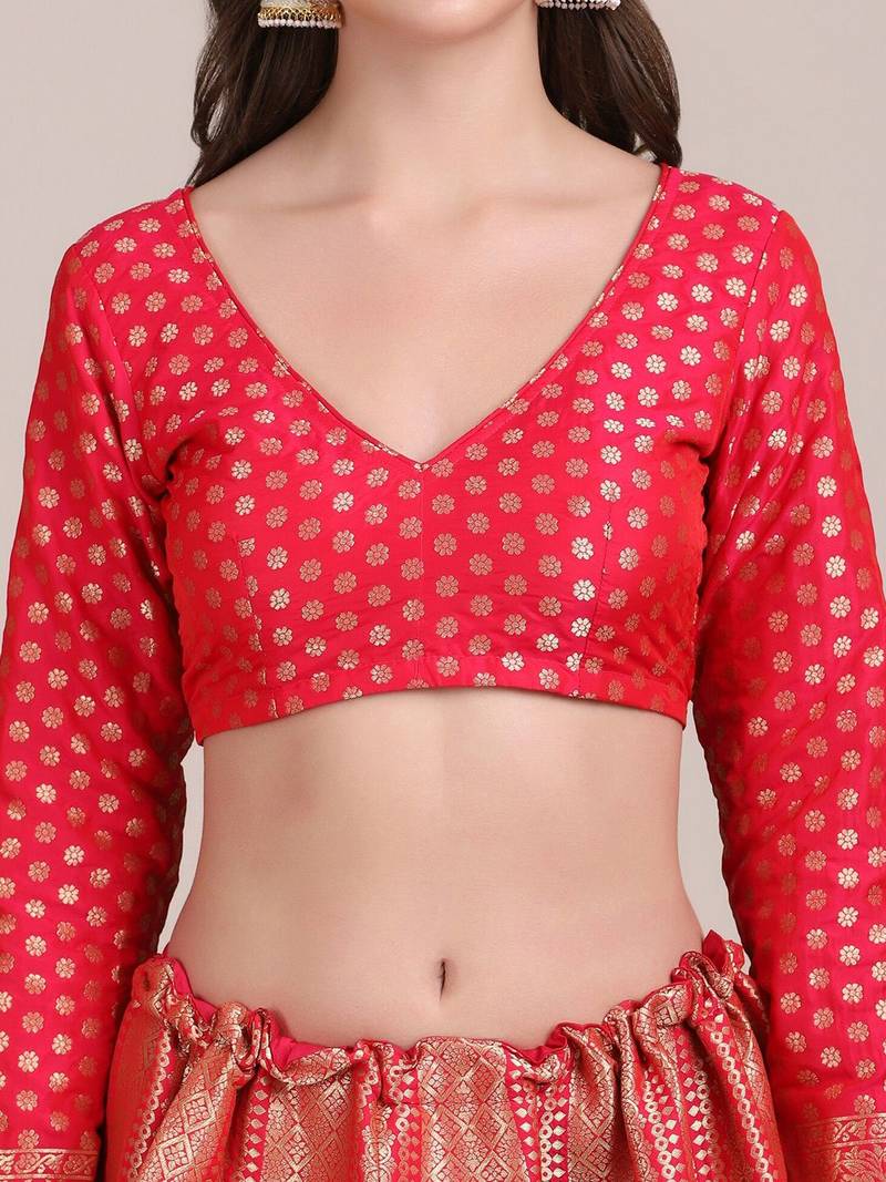 Red & Green Printed Semi-Stitched Lehenga & Unstitched Blouse With Dupatta