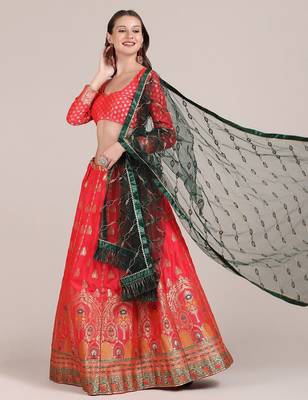 Peach-Coloured & Green Printed Semi-Stitched Lehenga & Unstitched Blouse With Dupatta 1
