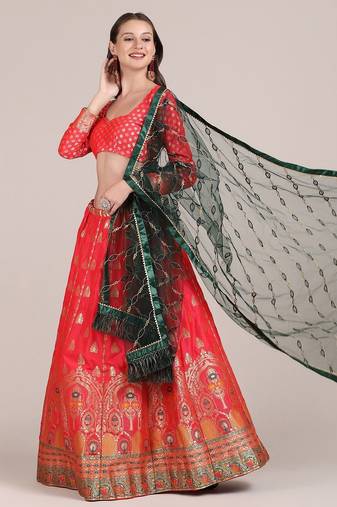 Peach-Coloured & Green Printed Semi-Stitched Lehenga & Unstitched Blouse With Dupatta