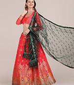 Peach-Coloured & Green Printed Semi-Stitched Lehenga & Unstitched Blouse With Dupatta