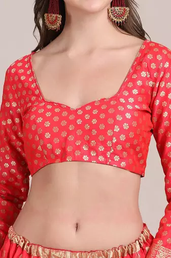 Peach-Coloured & Green Printed Semi-Stitched Lehenga & Unstitched Blouse With Dupatta