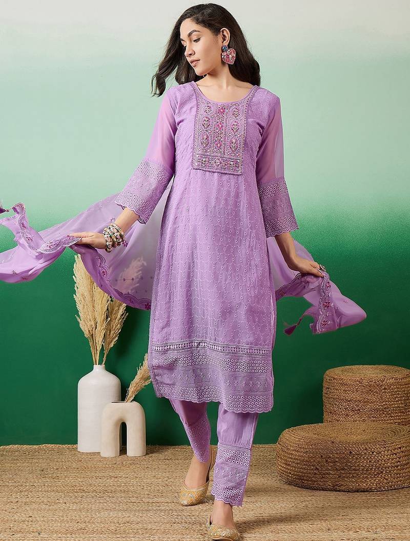 Embroidered a-line kurta with trouser & dupatta