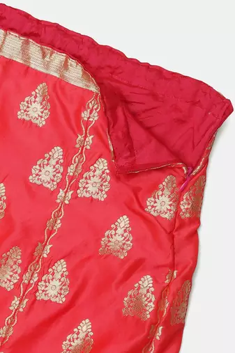 Peach-Coloured & Green Printed Semi-Stitched Lehenga & Unstitched Blouse With Dupatta