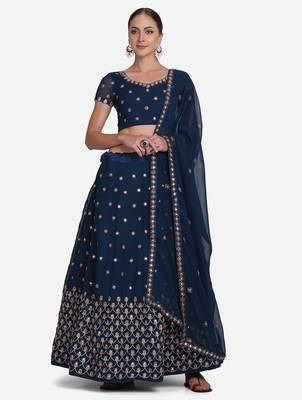Teal Blue & Golden Embroidered Semi-Stitched Lehenga Unstitched Blouse Dupatta 1