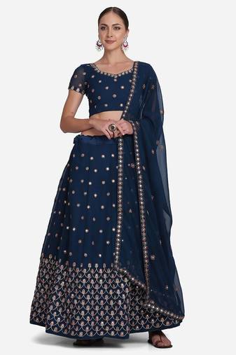 Teal Blue & Golden Embroidered Semi-Stitched Lehenga Unstitched Blouse Dupatta
