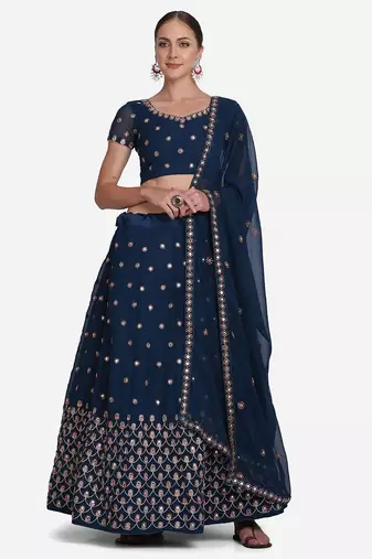 Teal Blue & Golden Embroidered Semi-Stitched Lehenga Unstitched Blouse Dupatta