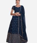 Teal Blue & Golden Embroidered Semi-Stitched Lehenga Unstitched Blouse Dupatta