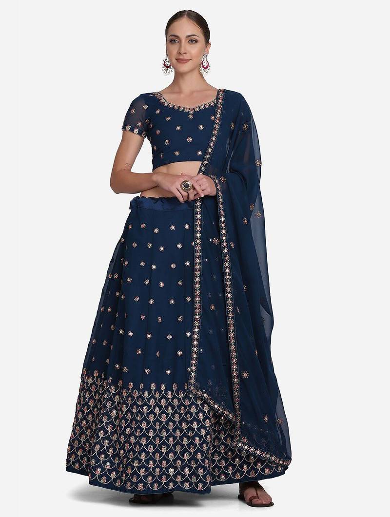 Teal Blue & Golden Embroidered Semi-Stitched Lehenga Unstitched Blouse Dupatta