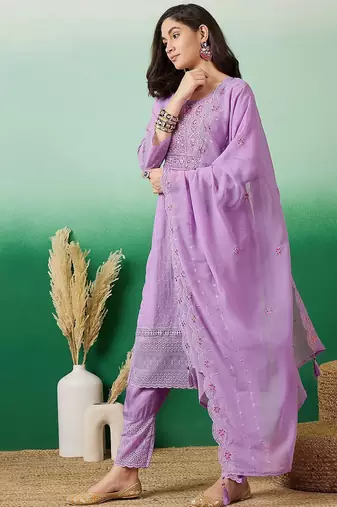 Embroidered a-line kurta with trouser & dupatta