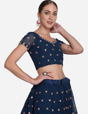Teal Blue & Golden Embroidered Semi-Stitched Lehenga Unstitched Blouse Dupatta 2