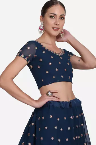 Teal Blue & Golden Embroidered Semi-Stitched Lehenga Unstitched Blouse Dupatta