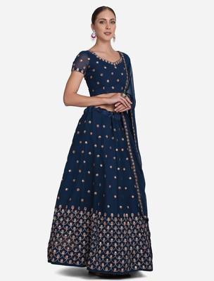 Teal Blue & Golden Embroidered Semi-Stitched Lehenga Unstitched Blouse Dupatta 3