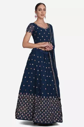 Teal Blue & Golden Embroidered Semi-Stitched Lehenga Unstitched Blouse Dupatta