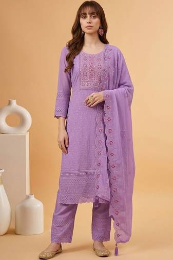 Zari sequence mirror-work embroidered round neck kurta & trousers with dupatta