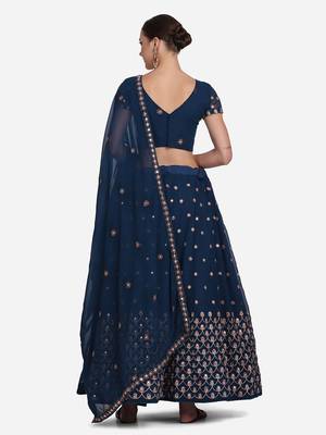 Teal Blue & Golden Embroidered Semi-Stitched Lehenga Unstitched Blouse Dupatta 4