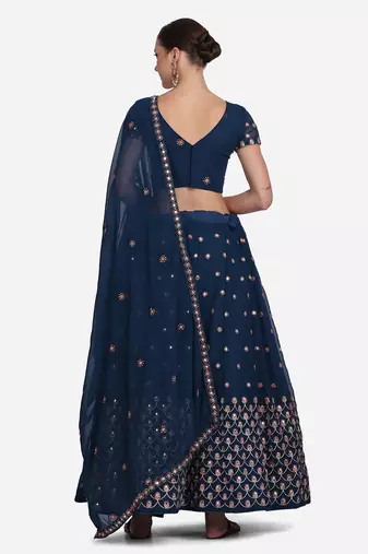 Teal Blue & Golden Embroidered Semi-Stitched Lehenga Unstitched Blouse Dupatta